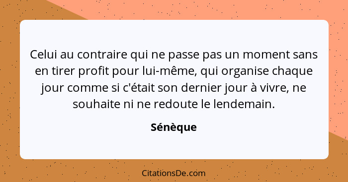 Celui au contraire qui ne passe pas un moment sans en tirer profit pour lui-même, qui organise chaque jour comme si c'était son dernier jour... - Sénèque