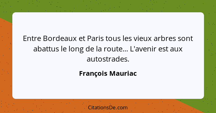 Entre Bordeaux et Paris tous les vieux arbres sont abattus le long de la route... L'avenir est aux autostrades.... - François Mauriac