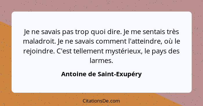 Je ne savais pas trop quoi dire. Je me sentais très maladroit. Je ne savais comment l'atteindre, où le rejoindre. C'est tel... - Antoine de Saint-Exupéry