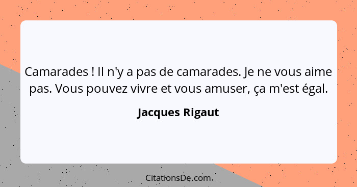 Camarades ! Il n'y a pas de camarades. Je ne vous aime pas. Vous pouvez vivre et vous amuser, ça m'est égal.... - Jacques Rigaut