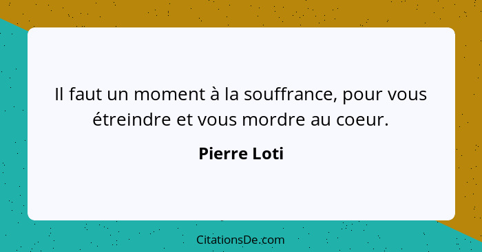 Il faut un moment à la souffrance, pour vous étreindre et vous mordre au coeur.... - Pierre Loti