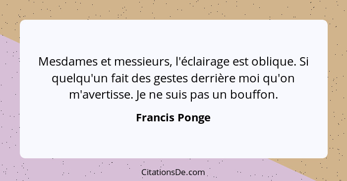 Mesdames et messieurs, l'éclairage est oblique. Si quelqu'un fait des gestes derrière moi qu'on m'avertisse. Je ne suis pas un bouffon... - Francis Ponge