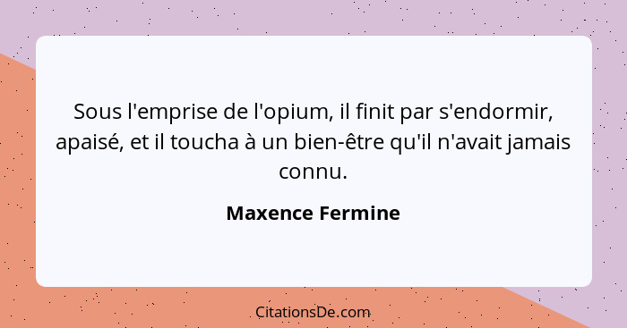 Sous l'emprise de l'opium, il finit par s'endormir, apaisé, et il toucha à un bien-être qu'il n'avait jamais connu.... - Maxence Fermine