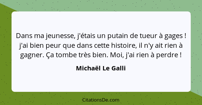 Dans ma jeunesse, j'étais un putain de tueur à gages ! j'ai bien peur que dans cette histoire, il n'y ait rien à gagner. Ça to... - Michaël Le Galli