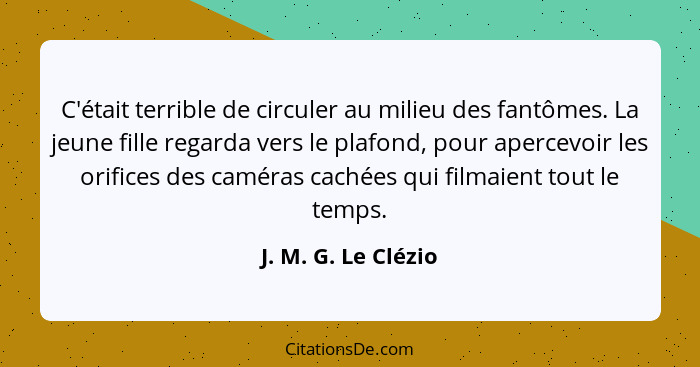 C'était terrible de circuler au milieu des fantômes. La jeune fille regarda vers le plafond, pour apercevoir les orifices des cam... - J. M. G. Le Clézio