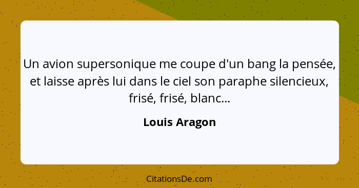 Un avion supersonique me coupe d'un bang la pensée, et laisse après lui dans le ciel son paraphe silencieux, frisé, frisé, blanc...... - Louis Aragon