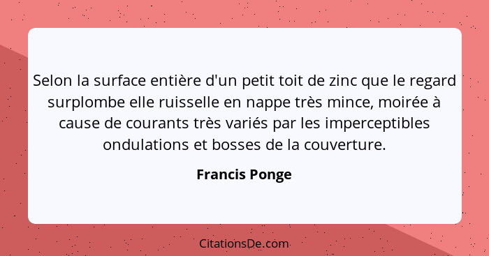 Selon la surface entière d'un petit toit de zinc que le regard surplombe elle ruisselle en nappe très mince, moirée à cause de courant... - Francis Ponge