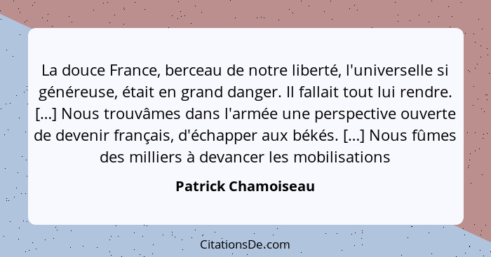 La douce France, berceau de notre liberté, l'universelle si généreuse, était en grand danger. Il fallait tout lui rendre. […] Nou... - Patrick Chamoiseau