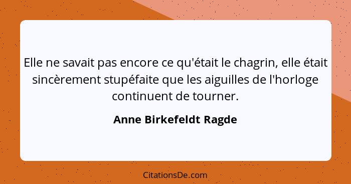 Elle ne savait pas encore ce qu'était le chagrin, elle était sincèrement stupéfaite que les aiguilles de l'horloge continuent... - Anne Birkefeldt Ragde