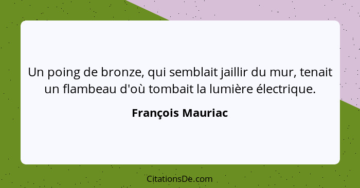 Un poing de bronze, qui semblait jaillir du mur, tenait un flambeau d'où tombait la lumière électrique.... - François Mauriac