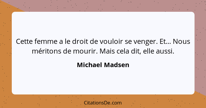 Cette femme a le droit de vouloir se venger. Et... Nous méritons de mourir. Mais cela dit, elle aussi.... - Michael Madsen