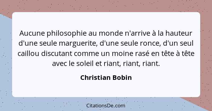 Aucune philosophie au monde n'arrive à la hauteur d'une seule marguerite, d'une seule ronce, d'un seul caillou discutant comme un mo... - Christian Bobin