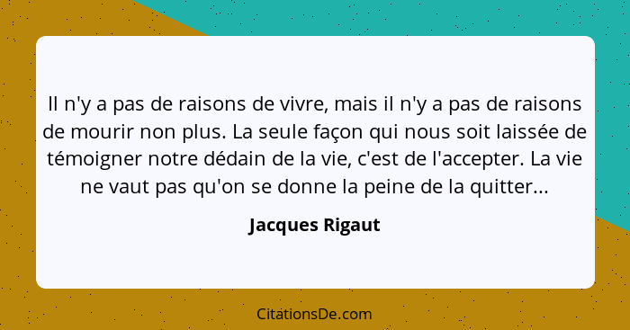 Il n'y a pas de raisons de vivre, mais il n'y a pas de raisons de mourir non plus. La seule façon qui nous soit laissée de témoigner... - Jacques Rigaut