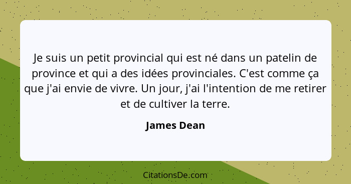 Je suis un petit provincial qui est né dans un patelin de province et qui a des idées provinciales. C'est comme ça que j'ai envie de vivr... - James Dean