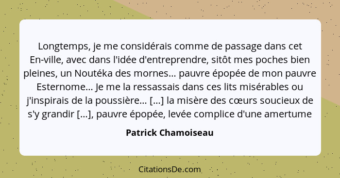 Longtemps, je me considérais comme de passage dans cet En-ville, avec dans l'idée d'entreprendre, sitôt mes poches bien pleines,... - Patrick Chamoiseau