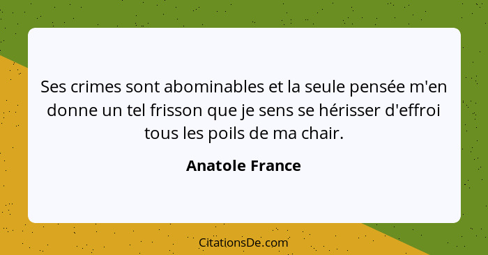 Ses crimes sont abominables et la seule pensée m'en donne un tel frisson que je sens se hérisser d'effroi tous les poils de ma chair.... - Anatole France