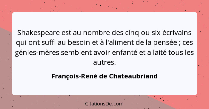 Shakespeare est au nombre des cinq ou six écrivains qui ont suffi au besoin et à l'aliment de la pensée ; ces gé... - François-René de Chateaubriand