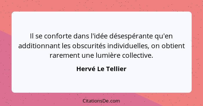 Il se conforte dans l'idée désespérante qu'en additionnant les obscurités individuelles, on obtient rarement une lumière collective... - Hervé Le Tellier