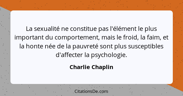 La sexualité ne constitue pas l'élément le plus important du comportement, mais le froid, la faim, et la honte née de la pauvreté so... - Charlie Chaplin