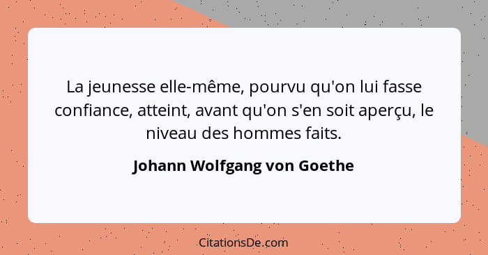 La jeunesse elle-même, pourvu qu'on lui fasse confiance, atteint, avant qu'on s'en soit aperçu, le niveau des hommes fait... - Johann Wolfgang von Goethe