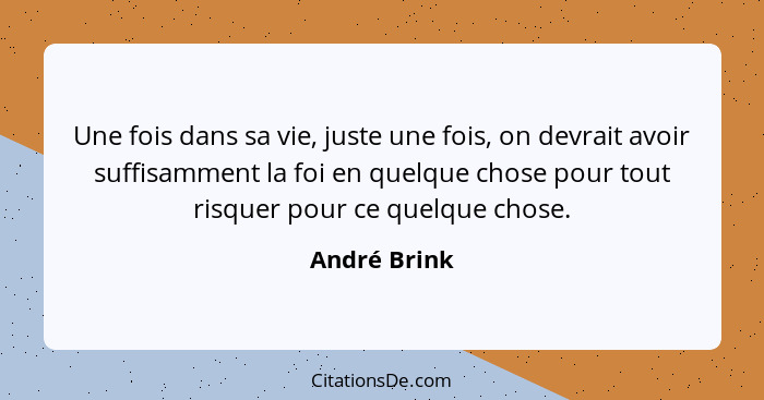 Une fois dans sa vie, juste une fois, on devrait avoir suffisamment la foi en quelque chose pour tout risquer pour ce quelque chose.... - André Brink