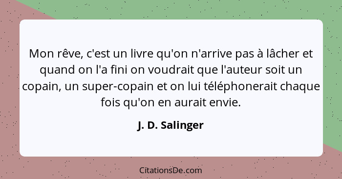 Mon rêve, c'est un livre qu'on n'arrive pas à lâcher et quand on l'a fini on voudrait que l'auteur soit un copain, un super-copain et... - J. D. Salinger