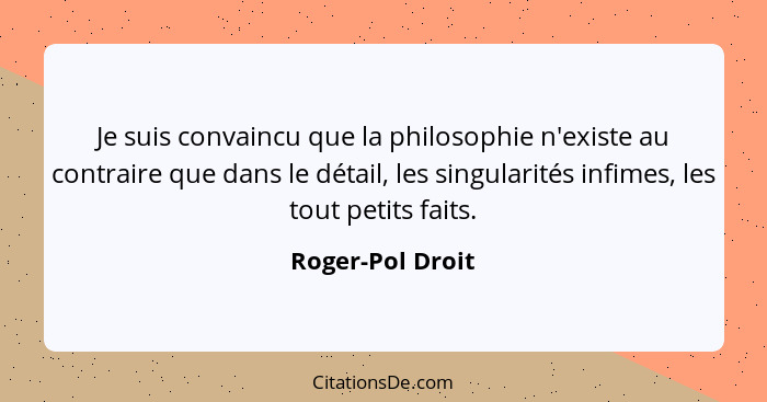 Je suis convaincu que la philosophie n'existe au contraire que dans le détail, les singularités infimes, les tout petits faits.... - Roger-Pol Droit