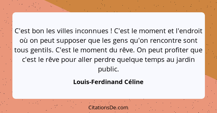 C'est bon les villes inconnues ! C'est le moment et l'endroit où on peut supposer que les gens qu'on rencontre sont tous... - Louis-Ferdinand Céline