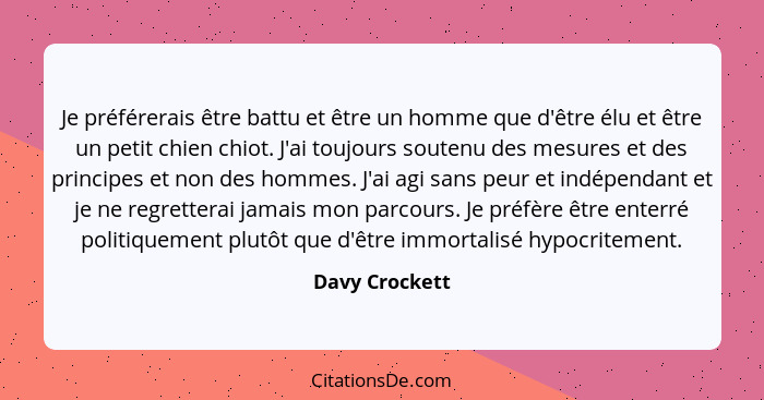 Je préférerais être battu et être un homme que d'être élu et être un petit chien chiot. J'ai toujours soutenu des mesures et des princ... - Davy Crockett