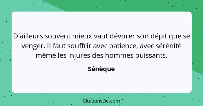 D'ailleurs souvent mieux vaut dévorer son dépit que se venger. II faut souffrir avec patience, avec sérénité même les injures des hommes pui... - Sénèque