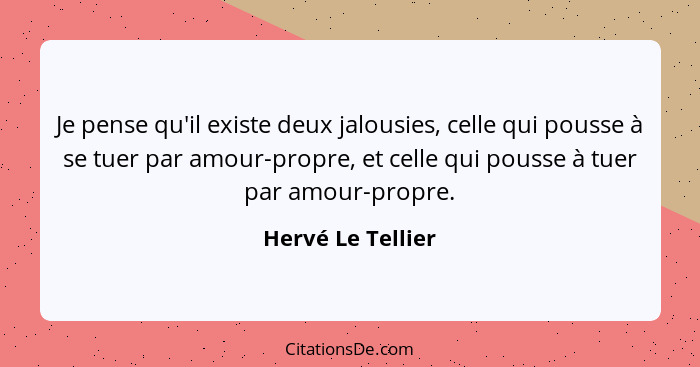 Je pense qu'il existe deux jalousies, celle qui pousse à se tuer par amour-propre, et celle qui pousse à tuer par amour-propre.... - Hervé Le Tellier