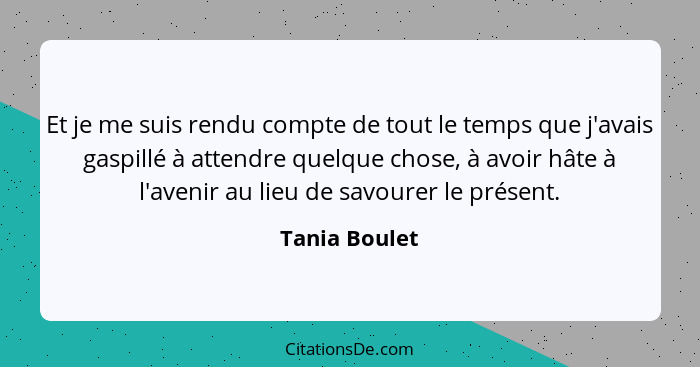 Et je me suis rendu compte de tout le temps que j'avais gaspillé à attendre quelque chose, à avoir hâte à l'avenir au lieu de savourer... - Tania Boulet