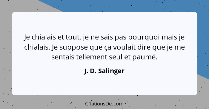 Je chialais et tout, je ne sais pas pourquoi mais je chialais. Je suppose que ça voulait dire que je me sentais tellement seul et pau... - J. D. Salinger