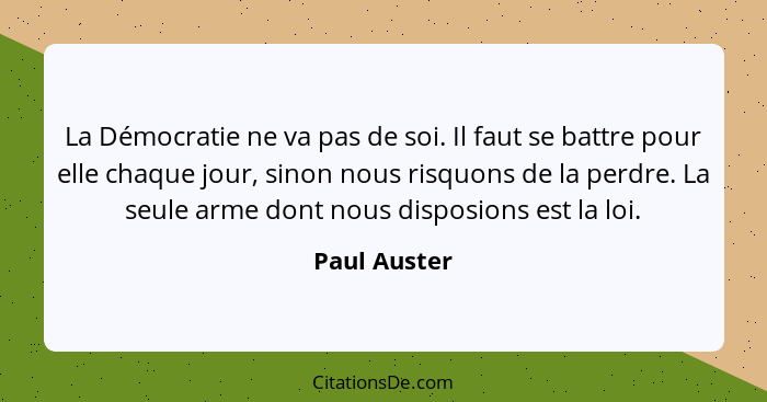 La Démocratie ne va pas de soi. Il faut se battre pour elle chaque jour, sinon nous risquons de la perdre. La seule arme dont nous dispo... - Paul Auster