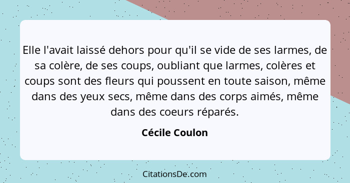 Elle l'avait laissé dehors pour qu'il se vide de ses larmes, de sa colère, de ses coups, oubliant que larmes, colères et coups sont de... - Cécile Coulon