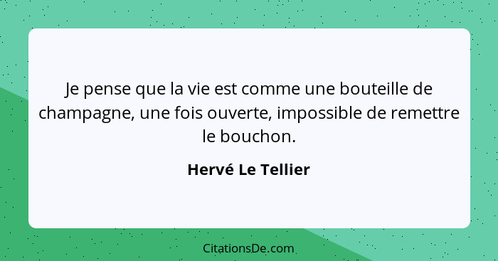 Je pense que la vie est comme une bouteille de champagne, une fois ouverte, impossible de remettre le bouchon.... - Hervé Le Tellier