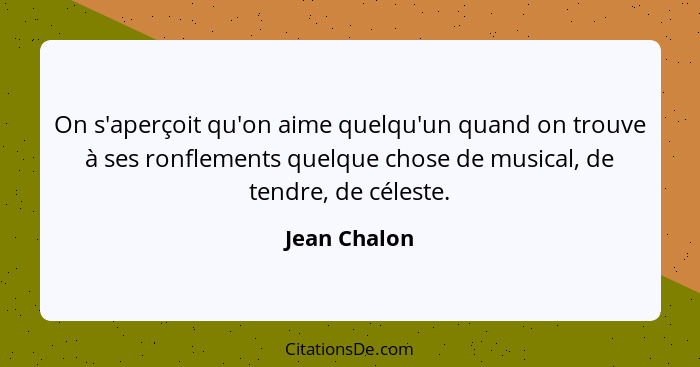 On s'aperçoit qu'on aime quelqu'un quand on trouve à ses ronflements quelque chose de musical, de tendre, de céleste.... - Jean Chalon