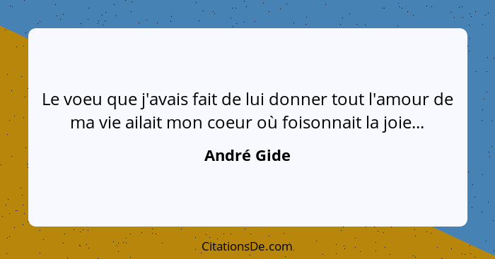 Le voeu que j'avais fait de lui donner tout l'amour de ma vie ailait mon coeur où foisonnait la joie...... - André Gide