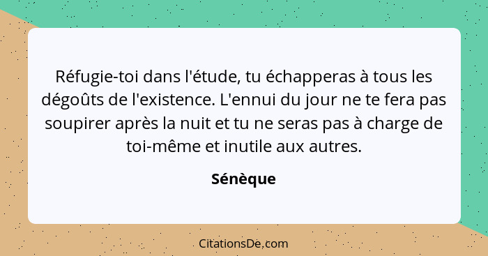 Réfugie-toi dans l'étude, tu échapperas à tous les dégoûts de l'existence. L'ennui du jour ne te fera pas soupirer après la nuit et tu ne se... - Sénèque