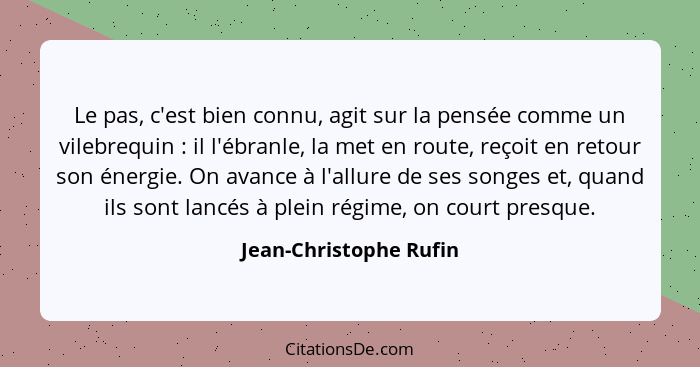 Le pas, c'est bien connu, agit sur la pensée comme un vilebrequin : il l'ébranle, la met en route, reçoit en retour son é... - Jean-Christophe Rufin