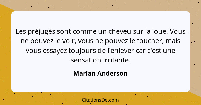 Les préjugés sont comme un cheveu sur la joue. Vous ne pouvez le voir, vous ne pouvez le toucher, mais vous essayez toujours de l'en... - Marian Anderson