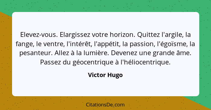 Elevez-vous. Elargissez votre horizon. Quittez l'argile, la fange, le ventre, l'intérêt, l'appétit, la passion, l'égoïsme, la pesanteur.... - Victor Hugo