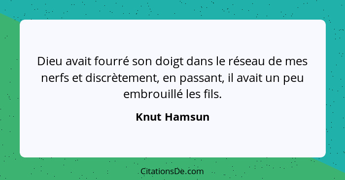 Dieu avait fourré son doigt dans le réseau de mes nerfs et discrètement, en passant, il avait un peu embrouillé les fils.... - Knut Hamsun