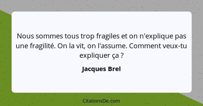 Nous sommes tous trop fragiles et on n'explique pas une fragilité. On la vit, on l'assume. Comment veux-tu expliquer ça ?... - Jacques Brel