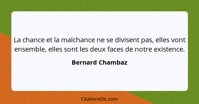 La chance et la malchance ne se divisent pas, elles vont ensemble, elles sont les deux faces de notre existence.... - Bernard Chambaz