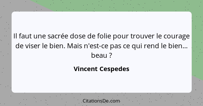 Il faut une sacrée dose de folie pour trouver le courage de viser le bien. Mais n'est-ce pas ce qui rend le bien... beau ?... - Vincent Cespedes