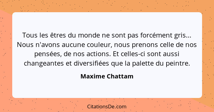 Tous les êtres du monde ne sont pas forcément gris... Nous n'avons aucune couleur, nous prenons celle de nos pensées, de nos actions.... - Maxime Chattam