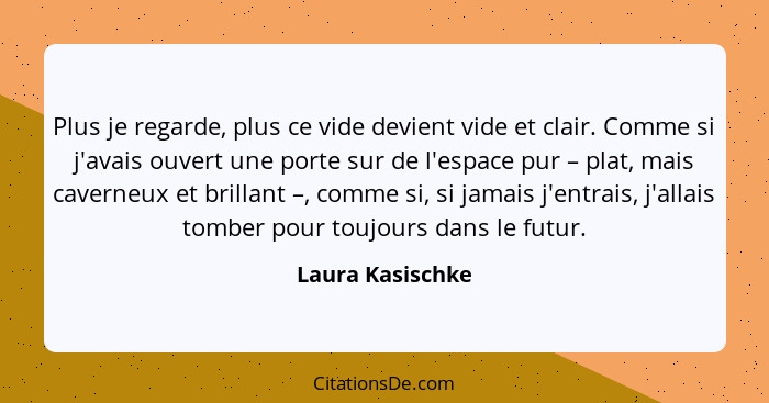 Plus je regarde, plus ce vide devient vide et clair. Comme si j'avais ouvert une porte sur de l'espace pur – plat, mais caverneux et... - Laura Kasischke