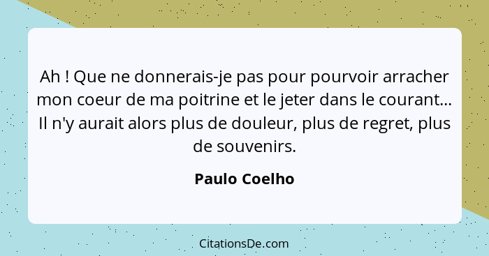 Ah ! Que ne donnerais-je pas pour pourvoir arracher mon coeur de ma poitrine et le jeter dans le courant... Il n'y aurait alors pl... - Paulo Coelho