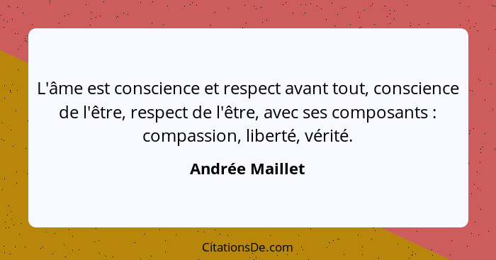 L'âme est conscience et respect avant tout, conscience de l'être, respect de l'être, avec ses composants : compassion, liberté,... - Andrée Maillet